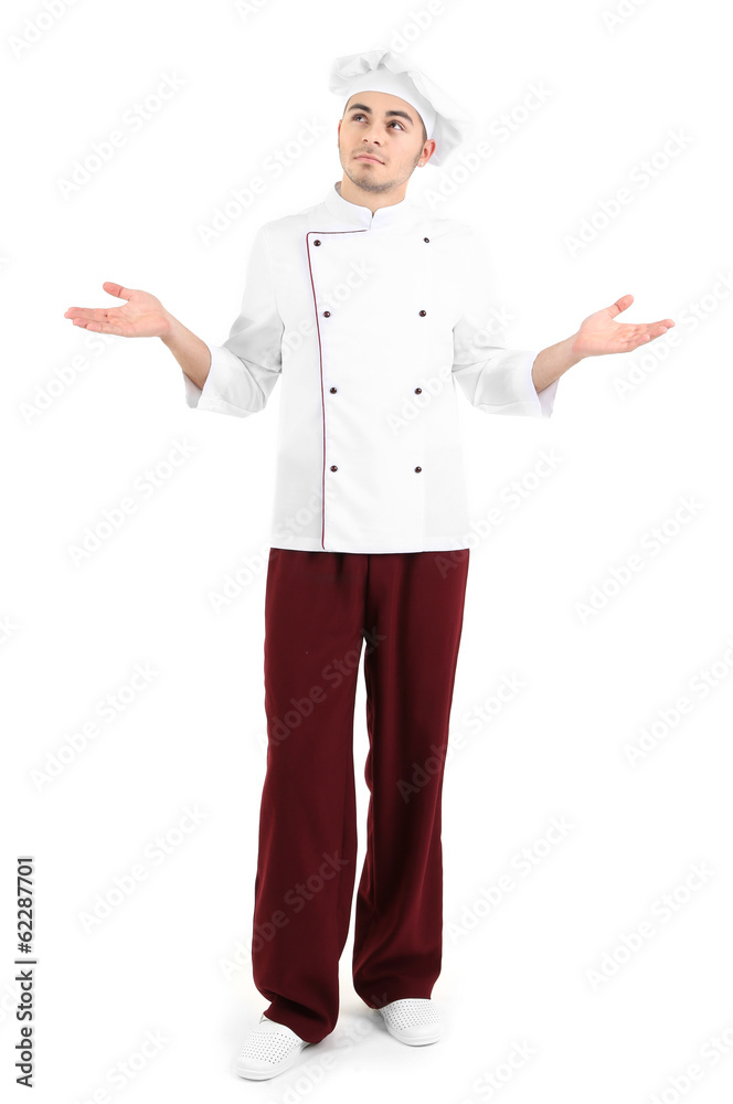 Professional chef in white uniform and hat, isolated on white