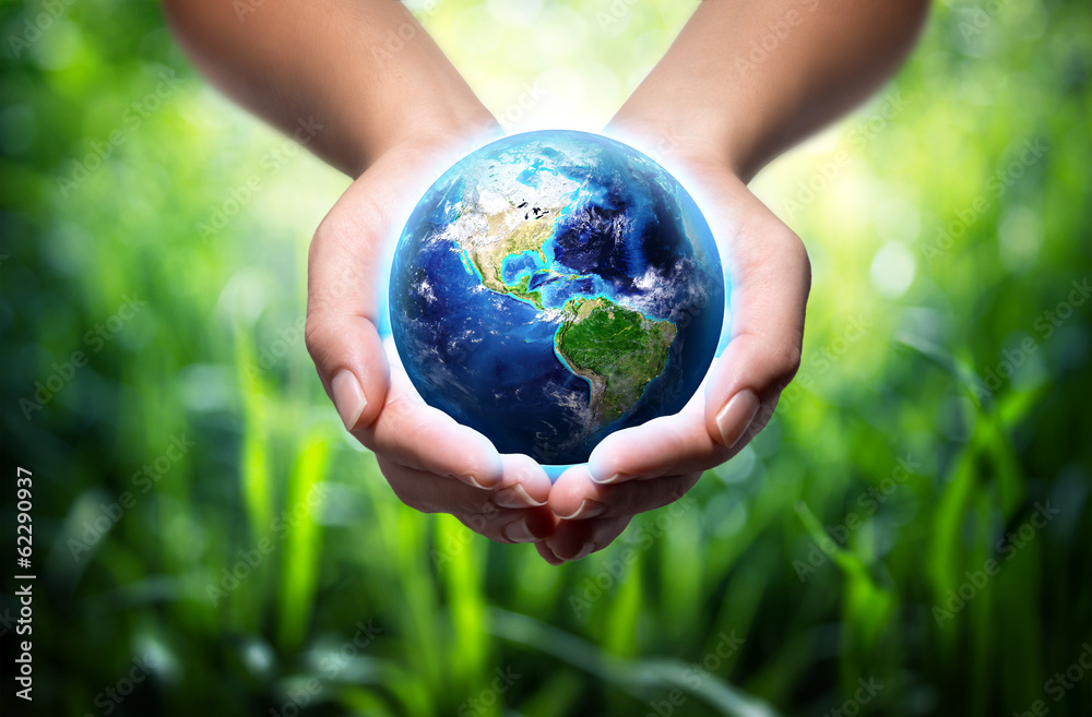 earth in hands - grass background - environment concept - obrazy, fototapety, plakaty 