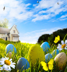 Wall Mural - art easter eggs on spring field