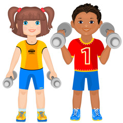 Smiling boy and girl with dumbbells. Cute athletes