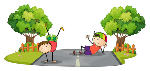 Poster - Two kids playing in the middle of the road