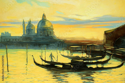 Obraz w ramie Landscape with gondolas to Venice, painting, an illustration