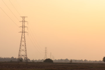 High voltage power pole middle of a cornfield at sunset.