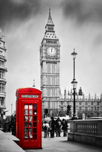 Red Telephone Booth And Big Ben In London, England, The UK.