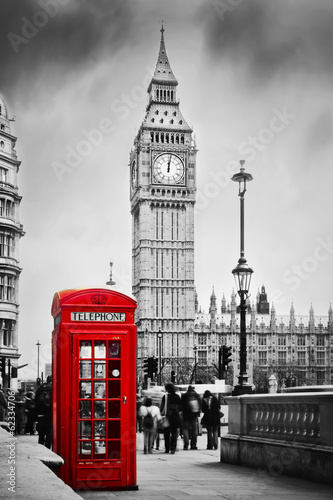 Naklejka dekoracyjna Red telephone booth and Big Ben in London, England, the UK.