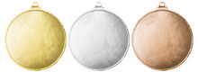 Gold, Silver And Bronze Blank Medals Set Isolated With Clipping