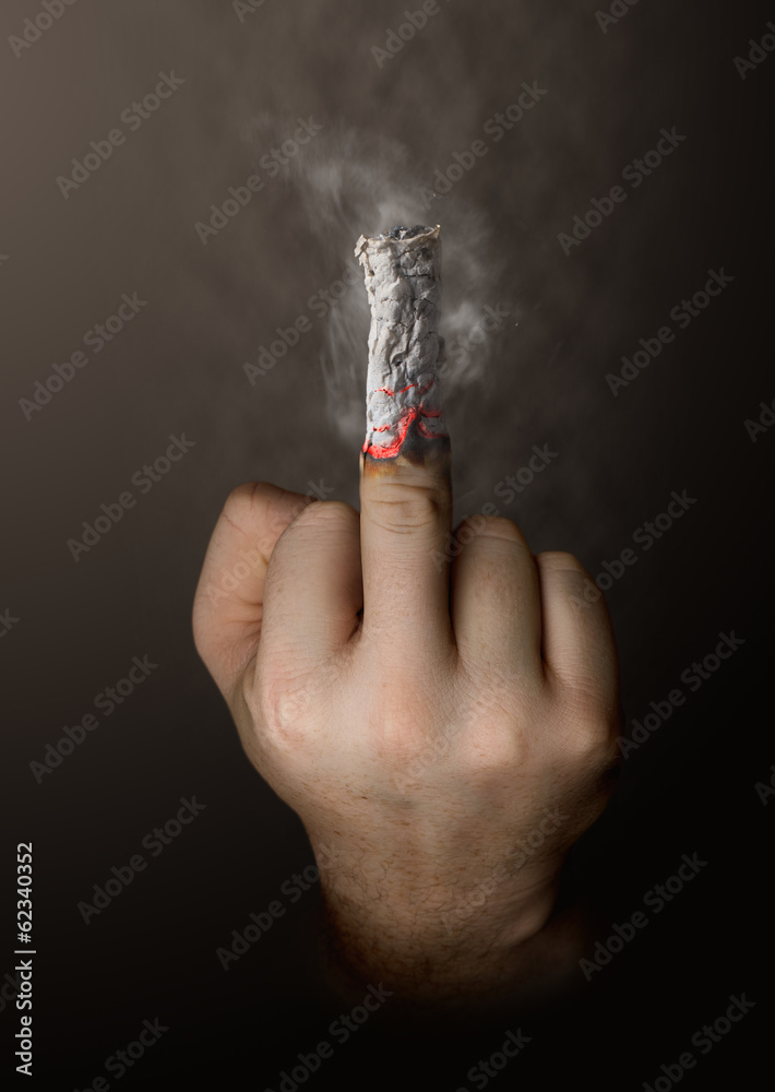 cigarette middle finger Smoking man flipping to viewer Stock Photo stop smoking concept. cigarette like