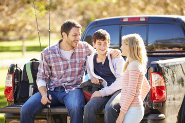 Sticker - Father And Children Unpacking Truck On Camping Holiday