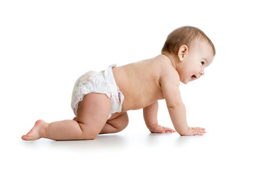 pretty crawling baby girl isolated on white background