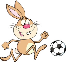 Cute Rabbit Cartoon Character Playing With Soccer Ball