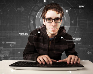 Young hacker in futuristic enviroment hacking personal informati