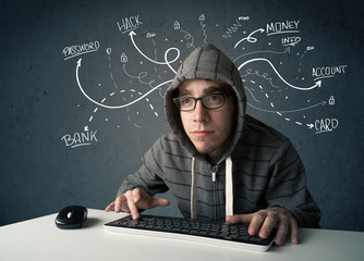 Fototapete - Young hacker with white drawn line thoughts