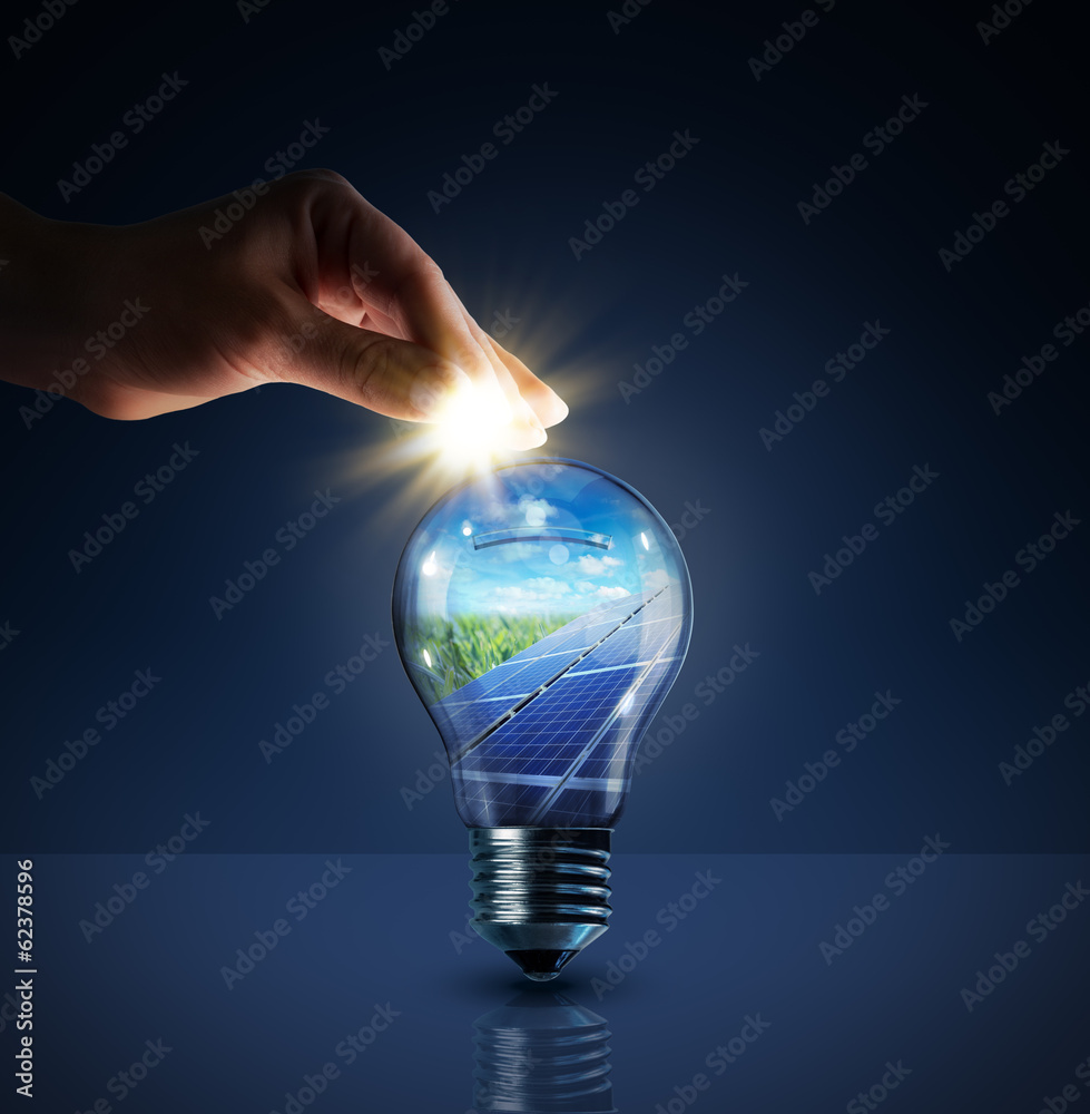 invest in solar energy -  concept - sun in bulb - piggybank - obrazy, fototapety, plakaty 