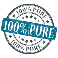 100% Pure Blue Grunge Round Stamp On White Background