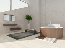 Modern Luxurious Bathroom Interior With Round Wooden Bathtub
