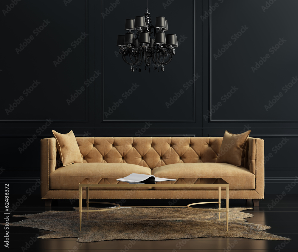 Elegant interior, living room with beige velvet sofa - obrazy, fototapety, plakaty 