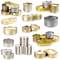 Wall Mural - Collage of tin cans with food isolated on white