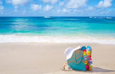 Beach bag with flip flops by the ocean