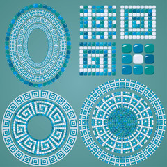 Set of Mosaic patterns - Blue ceramic oval and round frames - cl