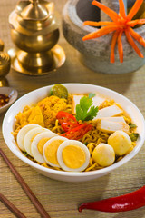 Poster - curry noodles with traditional setting background