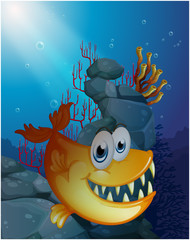 Poster - A scary fish under the sea near the rocks