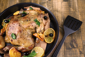 Whole roasted chicken with vegetables