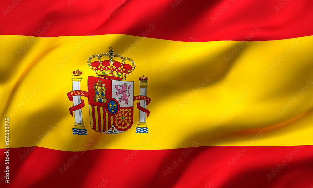 Flag of Spain blowing in the wind. Full page Spanish flying flag. 3D illustration. - obrazy, fototapety, plakaty 