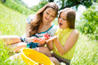 © stormy - Young beautiful women two girl friends eating strawberries