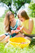 © stormy - Young beautiful girl friends harvesting strawberries