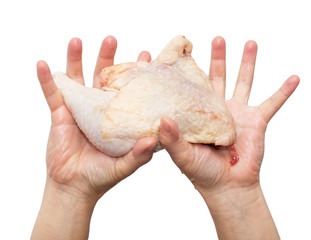 Poster - chicken leg in hand on white background