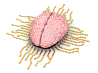 Poster - Human brain as computer chip. Concept of CPU.