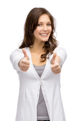 Wall Mural - Half-length portrait of female who thumbs up