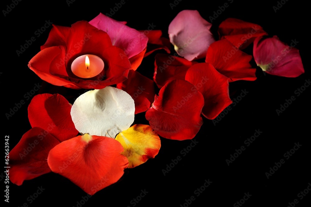 Beautiful rose petals with candle, on dark background