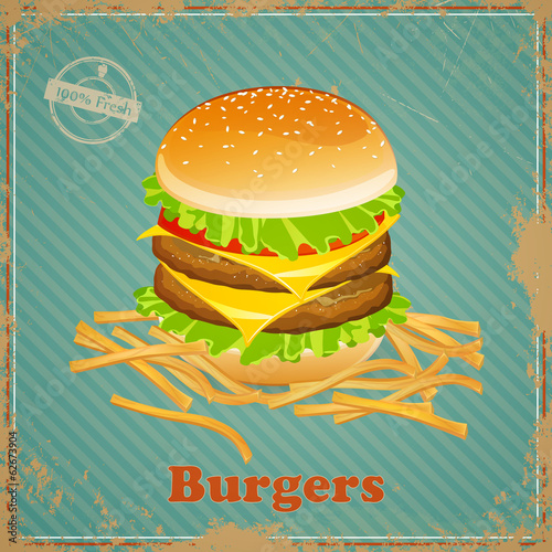 Naklejka - mata magnetyczna na lodówkę Vector Illustration of a Vintage Burger Sign