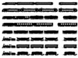Vector silhouettes of trains and locomotives.