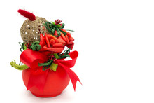 Bouquet Of Red Roses,tie,dry Grass,twine Ball In Red Vase