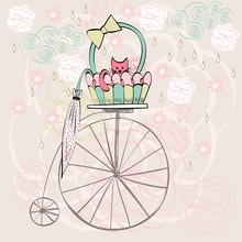 Vintage Card Vector With Cat On A Bicycle