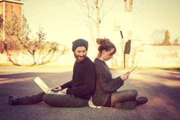 Wall Mural - young couple in love using tablet