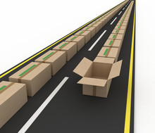 Stream Of Cardboard Boxes On Road. Concept Of Fast Delivery