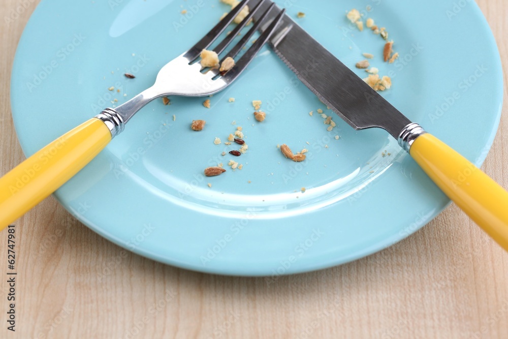 Plate with crumbs on wooden background