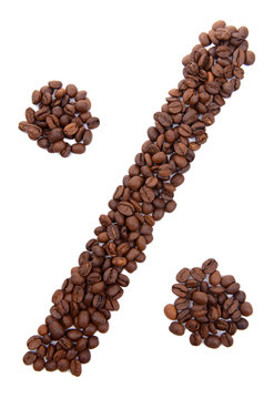 Percent sign of coffee beans isolated on white
