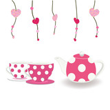 Pink teacup and teapot with hearts vector