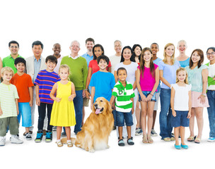 Poster - Group of Multi-Ethnic People And Golden Retriever Dog