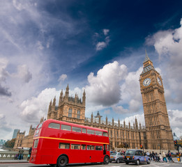 Poster - Red bus on Westminster Bridge under a dramatic sky - London