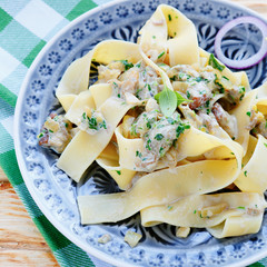 Poster - pasta with slices of fried mushrooms