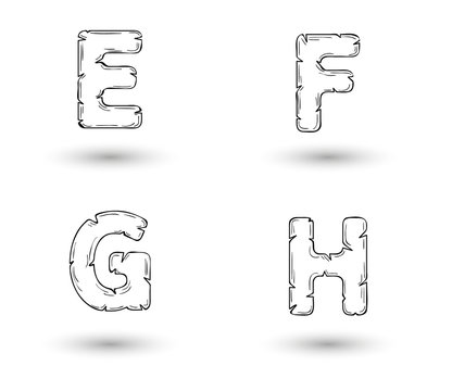 sketch jagged alphabet letters, E, F, G, H