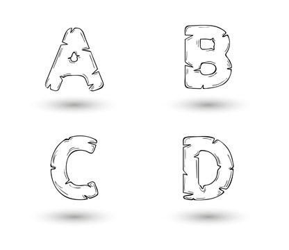 sketch jagged alphabet letters, A, B, C, D