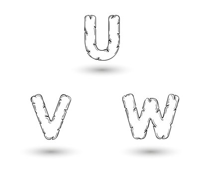 sketch jagged alphabet letters, U, V, W