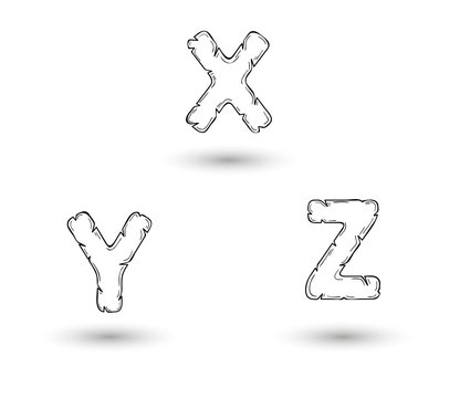 sketch jagged alphabet letters, X, Y, Z