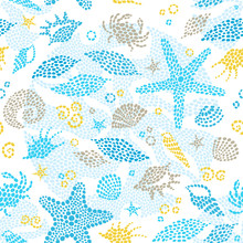 Bright Seamless Pattern With Sea Elements. Marine Life